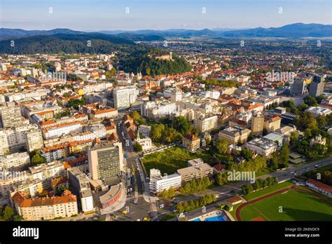 Aerial View Of Ljubljana Cityscape With Buildings And Streets Stock