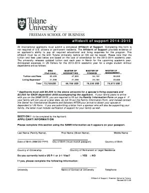 Fillable Online Freeman Tulane Affidavit Of Support 2013 2014 All