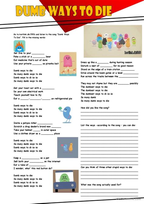 Dumb Ways To Die Warmer Filler English Esl Worksheets Pdf And Doc