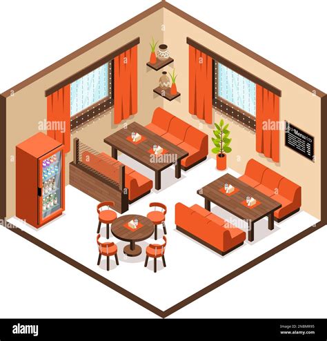 Isometric Restaurant Interior Concept With Dining Furniture And Fridge