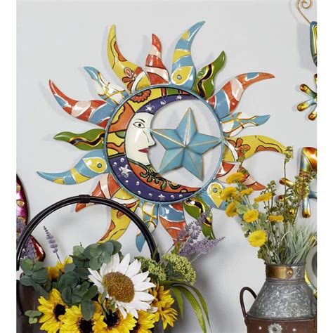 Litton Lane Metal Multi Colored Indoor Outdoor Sun And Moon Wall Decor