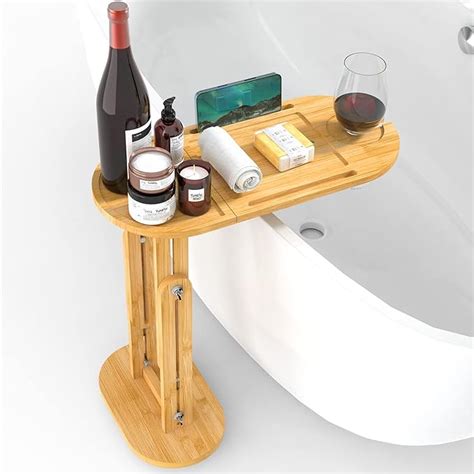 Yumkfoil Bamboo Bathtub Side Tray Caddy With Adjustable Height