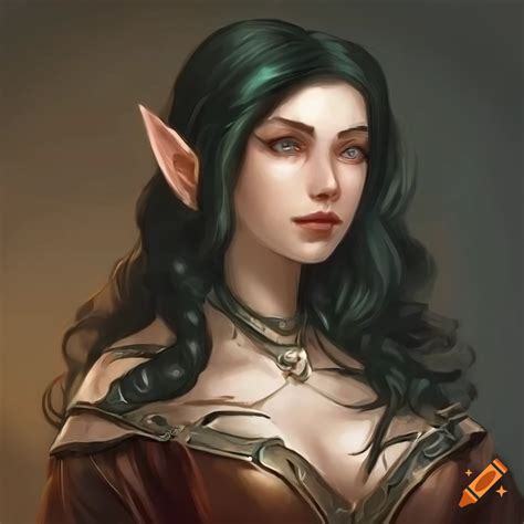 Portrait Of Beautiful Female Elf With Detailed Black Wavy Hair And Grey