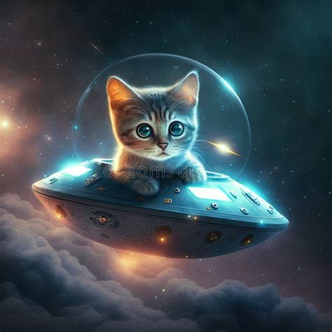 Cute Fluffy Kitten Driving Ufo In Space Funny Cat Rides Sci Fi