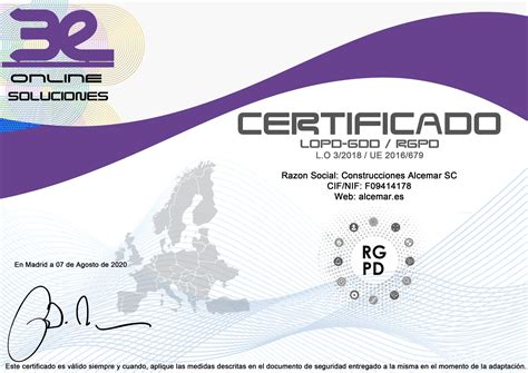 Certificado RGPD LOPD GDD LSSI Construcciones Alcemar SC Nº1