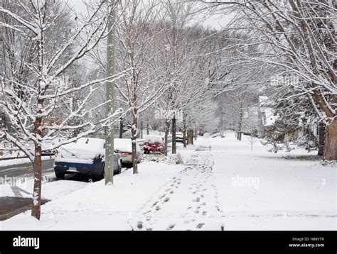 A snow covered sidewalk and street in a residential neighborhood in ...