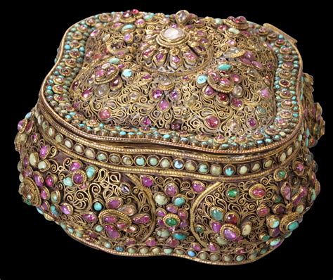 Nepalese Gilded Copper Lobed Box Set With Rubies Turquoise And Other