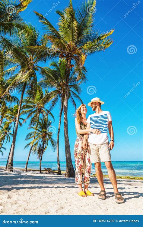 Happy Couple On Tropical Beach With Palm Trees Stock Image Image Of