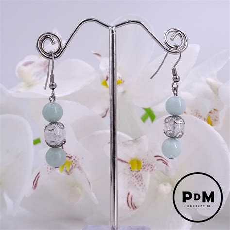 Boucles d oreilles Trio Amazonite et Quartz blanc craquelé en pierre