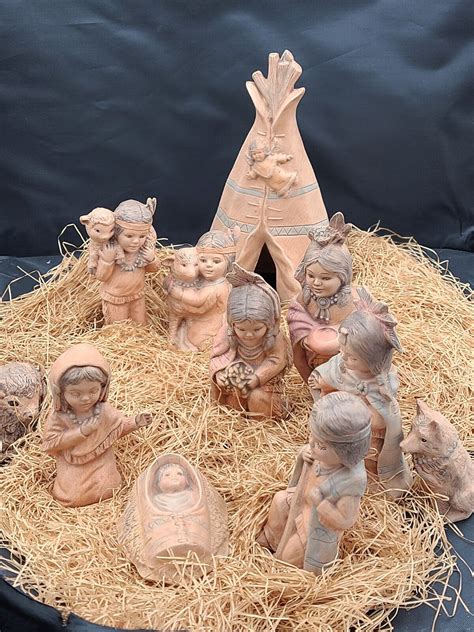 Vintage Provincial Mold Ceramic Native American Nativity Set 11 Pcs Hand Painted Ebay