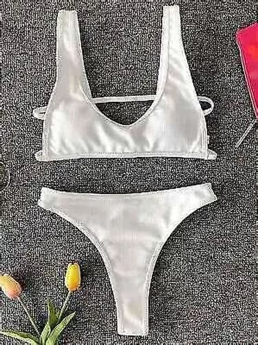 MODE MER COSTUME Deux Pièces Bikini Coloré Slips Blanc Bande écharpe