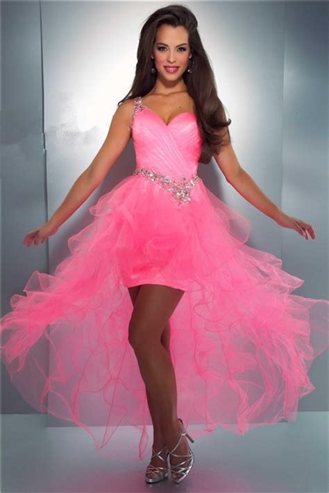 Fashion One Shoulder Hi Low Pink Organza Ruffle Beaded Party Prom Dress