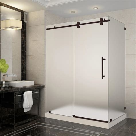 Aston Langham 60 In X 35 In X 77 5 In Frameless Corner Sliding Shower Door With Frosted Glass