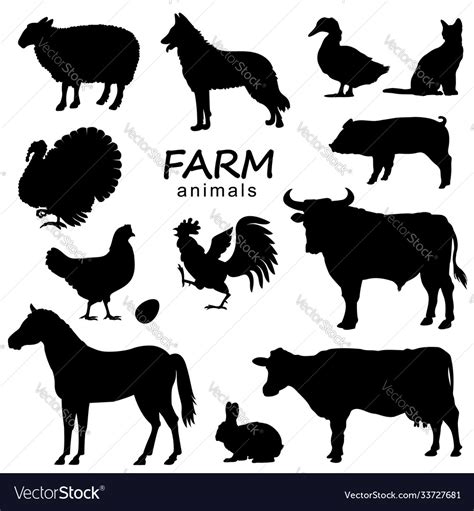 Farm Animals Set Black Silhouette Isolated Vector Image