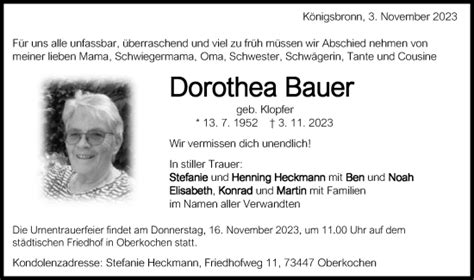 Traueranzeigen Von Dorothea Bauer Ostalbtrauer