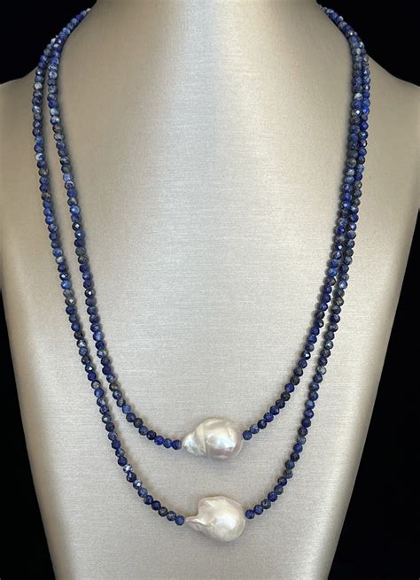 Double Strand Faceted Lapis Lazuli Bead And White Baroque Fresh Water