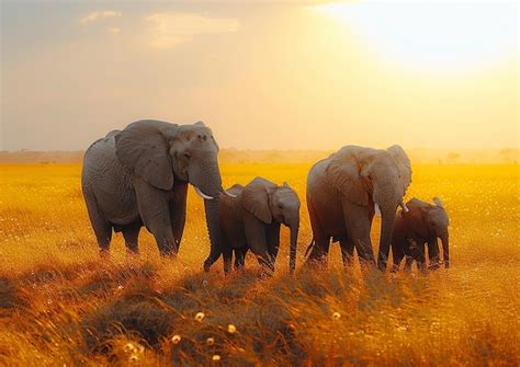 Premium Photo A Group Of Elephants Are Standing In The Grass With The