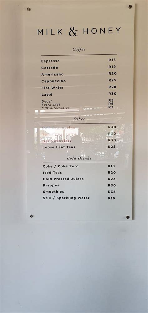 Menu at Milk & Honey Cafe, Berea