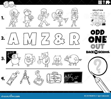 Odd One Out Task With Cartoon Characters Coloring Page Stock Vector