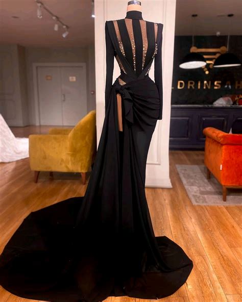 Daisda Chic Black High Neck Long Sleeves Split Prom Dress With Beadings