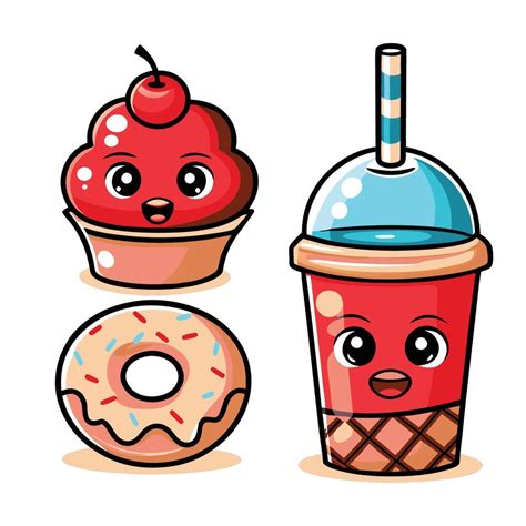 Cute Cartoon Cupcake Donut And Drink 57837246 Vector Art At Vecteezy