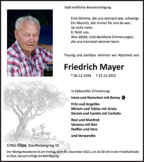 Traueranzeigen Von Friedrich Mayer Trauer In NRW De