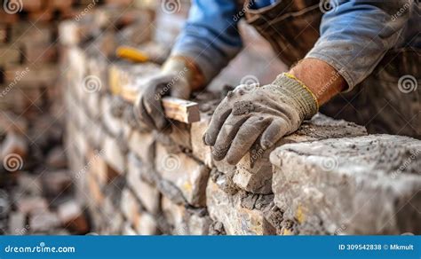 Bricklayer Wearing Gloves Working On Brick Wall Stock Photo Image Of