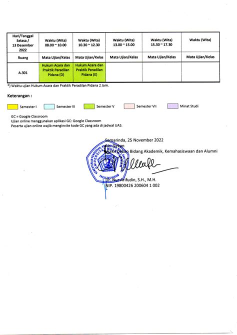 Jadwal Ujian Akhir Semester Ganjil Ta Prodi Sarjana Hukum Fhunmul