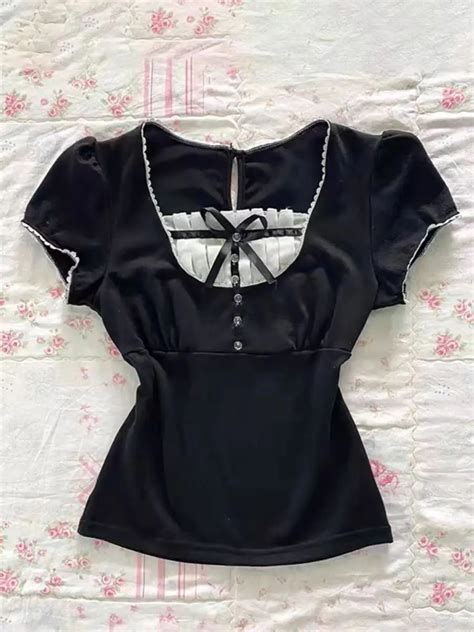 Punk Sexy Tops Y2k Vintage Clothes 90s Women Black Gothic Lace Slim