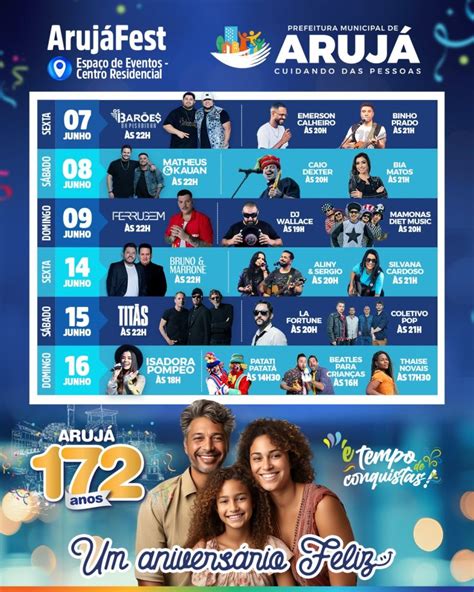 CONFIRA A PROGRAMAÇÃO COMPLETA DO ANIVERSÁRIO DE 172 ANOS DE ARUJÁ