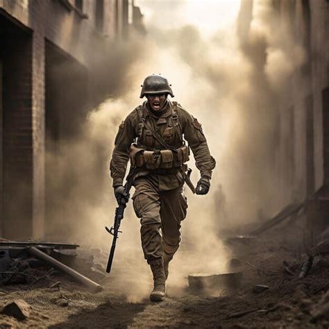 An American Soldier Charges Forward His Helmet Askew And His Bayonet