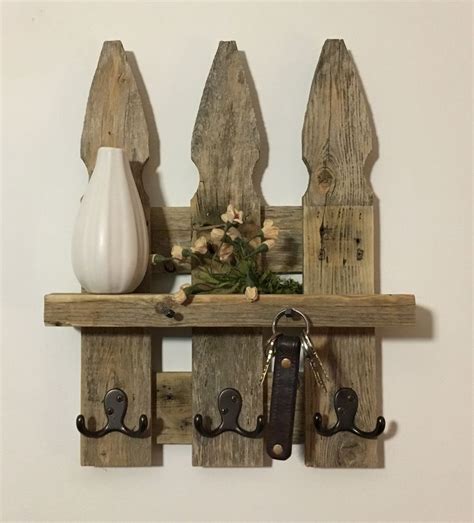 Rustic Picket Fence Wall Shelf Key Holder Coat Hooks Farmhouse Decor