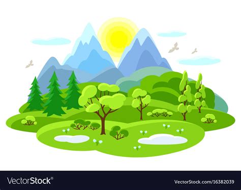 Spring Landscape With Trees Mountains And Hills Vector Image