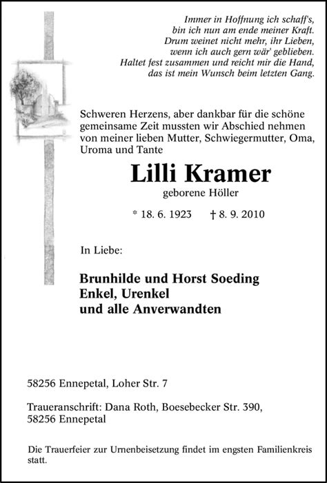 Traueranzeigen Von Lilli Kramer Trauer In Nrw De