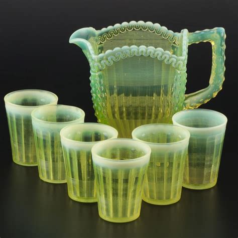 Northwood Alaska Vaseline Glass Pitcher And Tumblers Early 20th Century