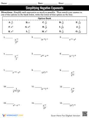 Free Simplifying Expressions With Negative Exponents Worksheet