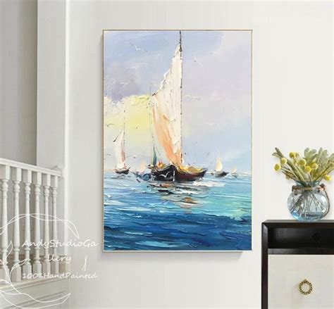 Original Abstract Sailboat Canvas Wall Art Seascape Painting Sailboats