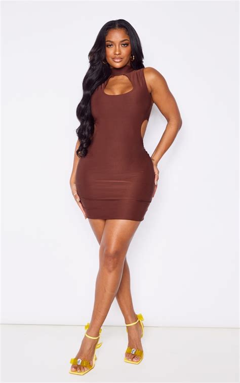 Shape Chocolate Brown Cut Out Bodycon Dress Prettylittlething