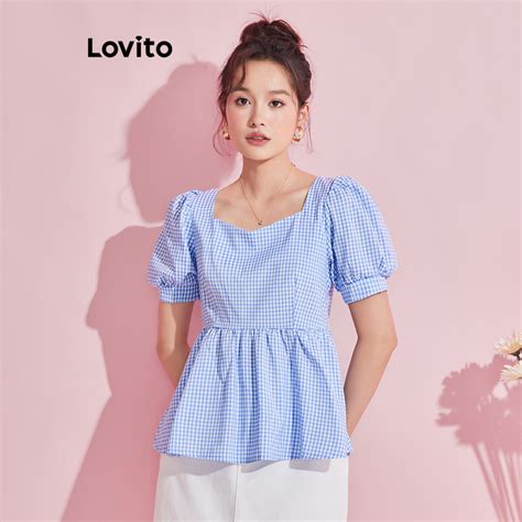 Lovito Casual Gingham Tie Back Plaid Blouse For Women L74ED106 Lovito