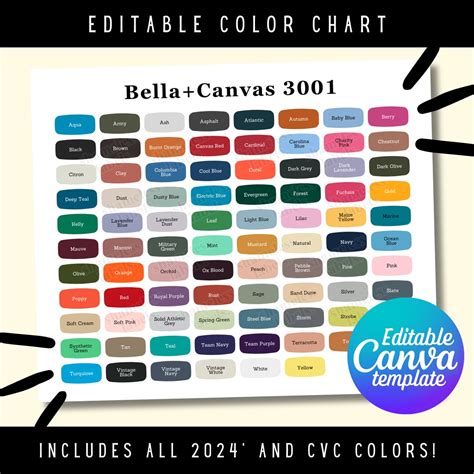 Editable Bella Canvas 3001 Color Chart All 169 Colors With Cvc Heather Included Bella Canvas