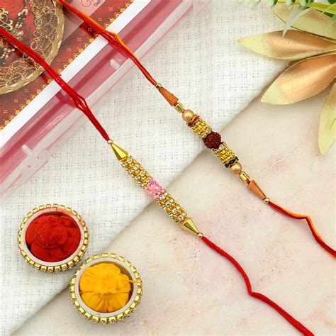 Pink Sequence And Simple Rudraksh Rakhi Set Rakhi Sets Brother