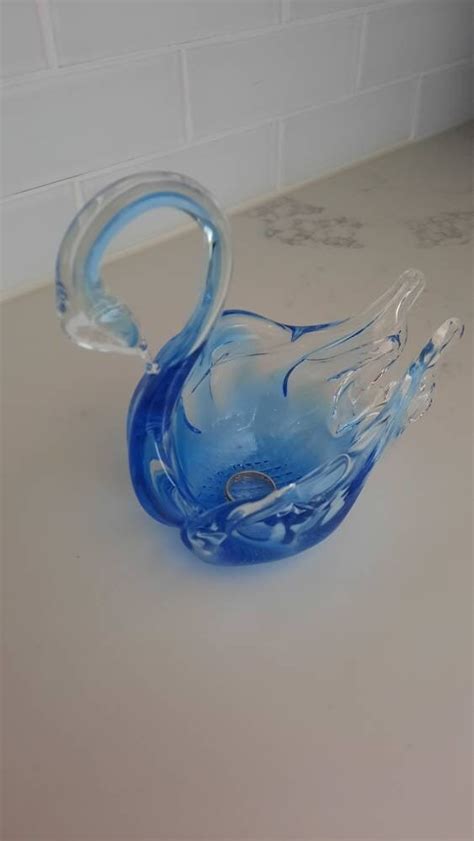 Vintage Glass Blue Swan Hand Blown Glass Swan Blue Glass Swan