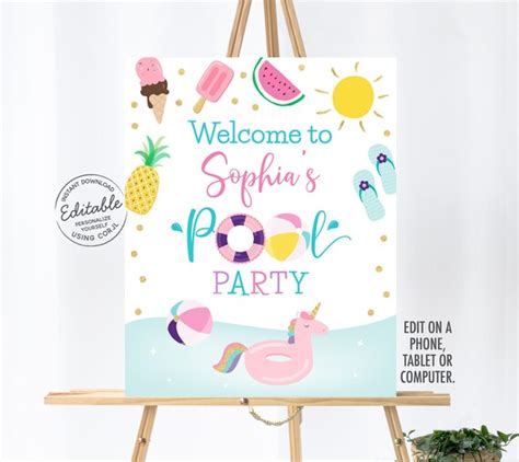 Editable Pool Party Welcome Sign Pool Party Birthday Girls Pool Party