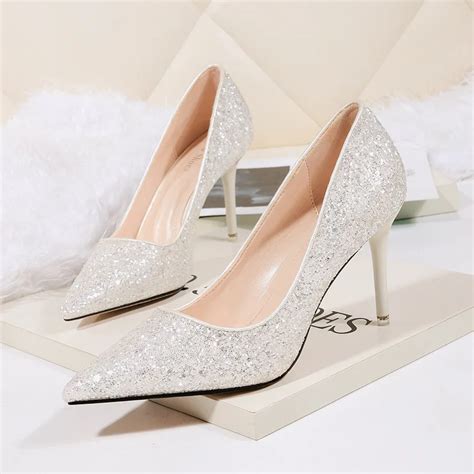 Sexy Pointed Toe White Silver Wedding Shoes Bride 2019 Shallow