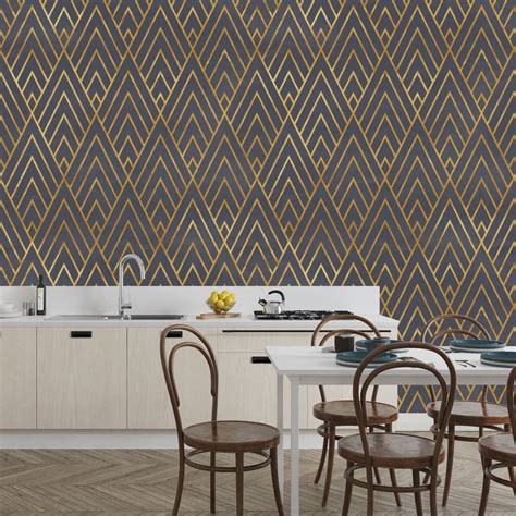 Geometric Art Deco Grey Gold Wallpaper Monochrome Embossed Etsy Retsywallpaper