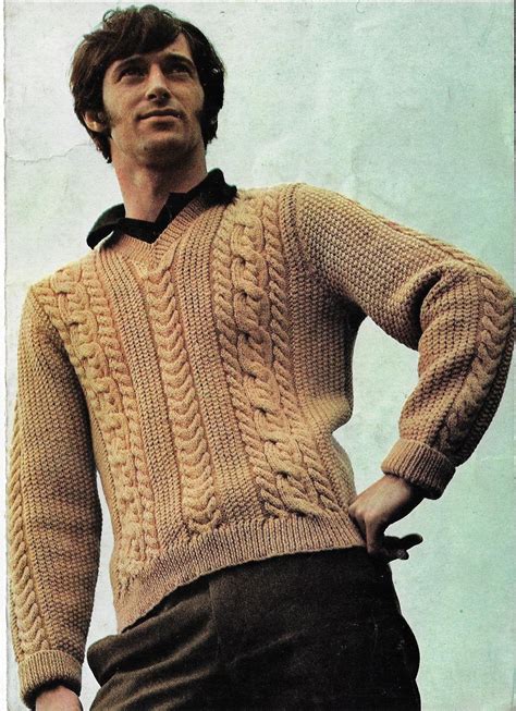 Men S Cable Aran V Neck Sweater Knitting Pattern DK 8 Ply Etsy New