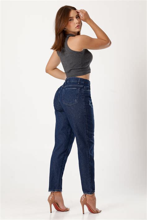 Calca Jeans Mom Modeladora Cintura Alta Leves Navalhados Cor Azul