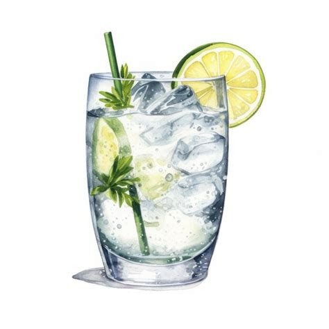 Premium Ai Image Realistic Watercolor Illustration Of Gin And Tonic Cocktail