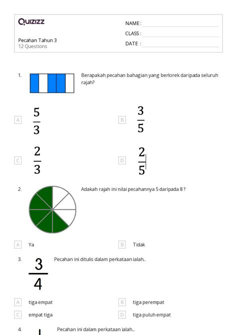 Lembar Kerja Pecahan Untuk Kelas Di Quizizz Gratis Dapat Dicetak