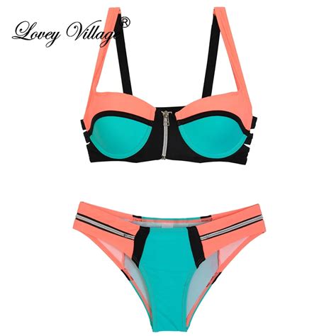 Lovey Village Sexy Women Bikini Set Zipper Bandage Push Up Padded